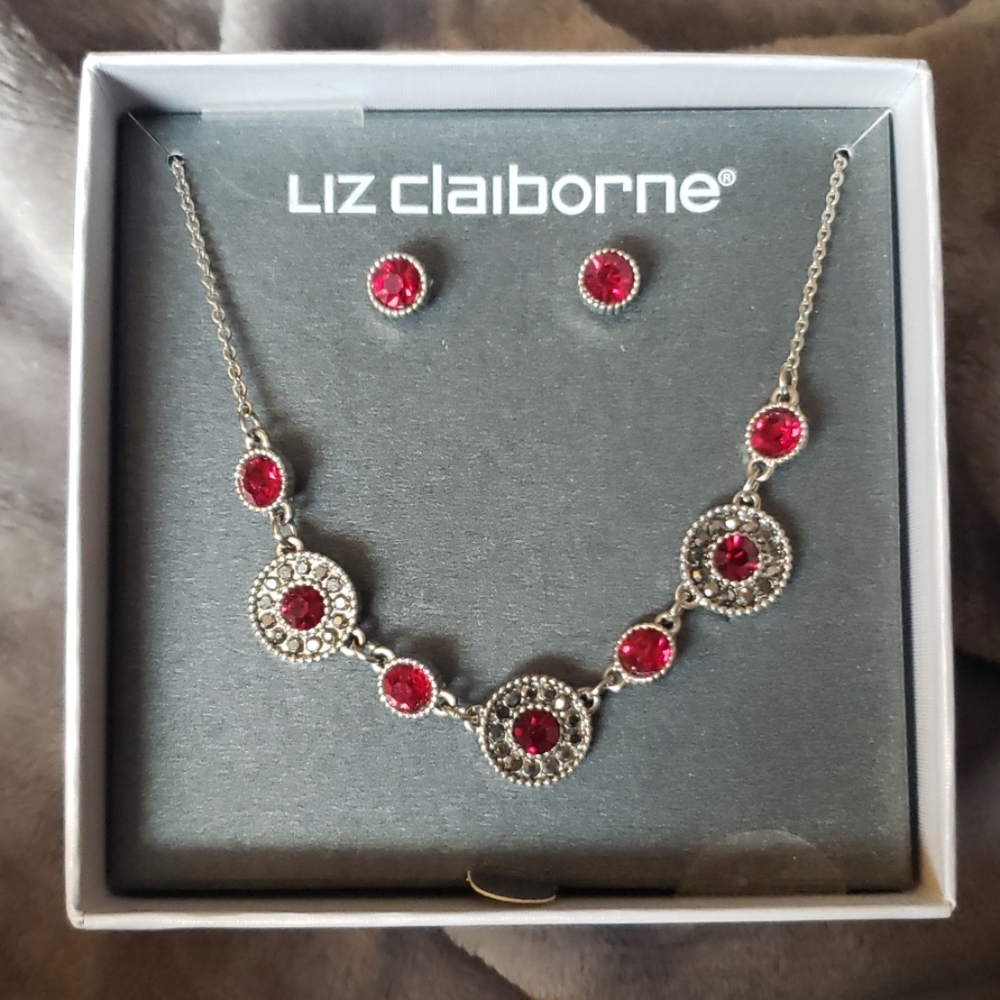 New Liz Claiborne Ruby Red Earing and Necklace Set
